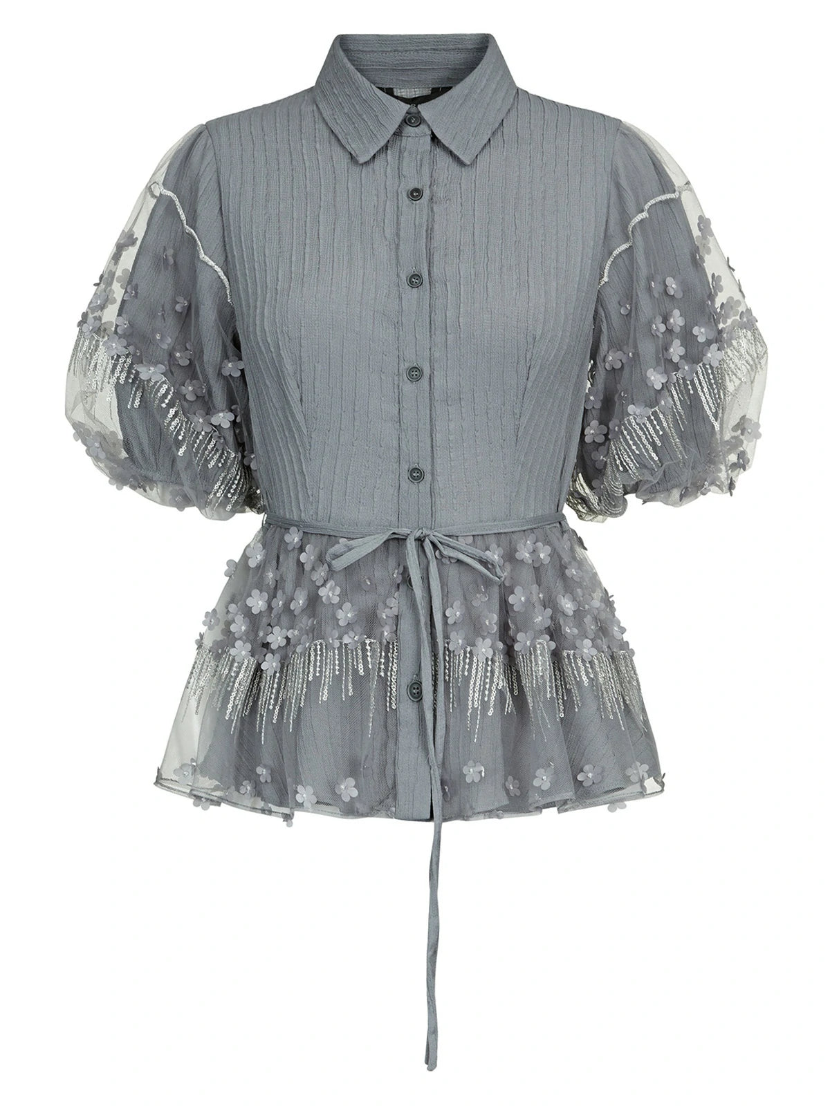 Lapel Tulle Mesh Bubble Sleeve Shirt