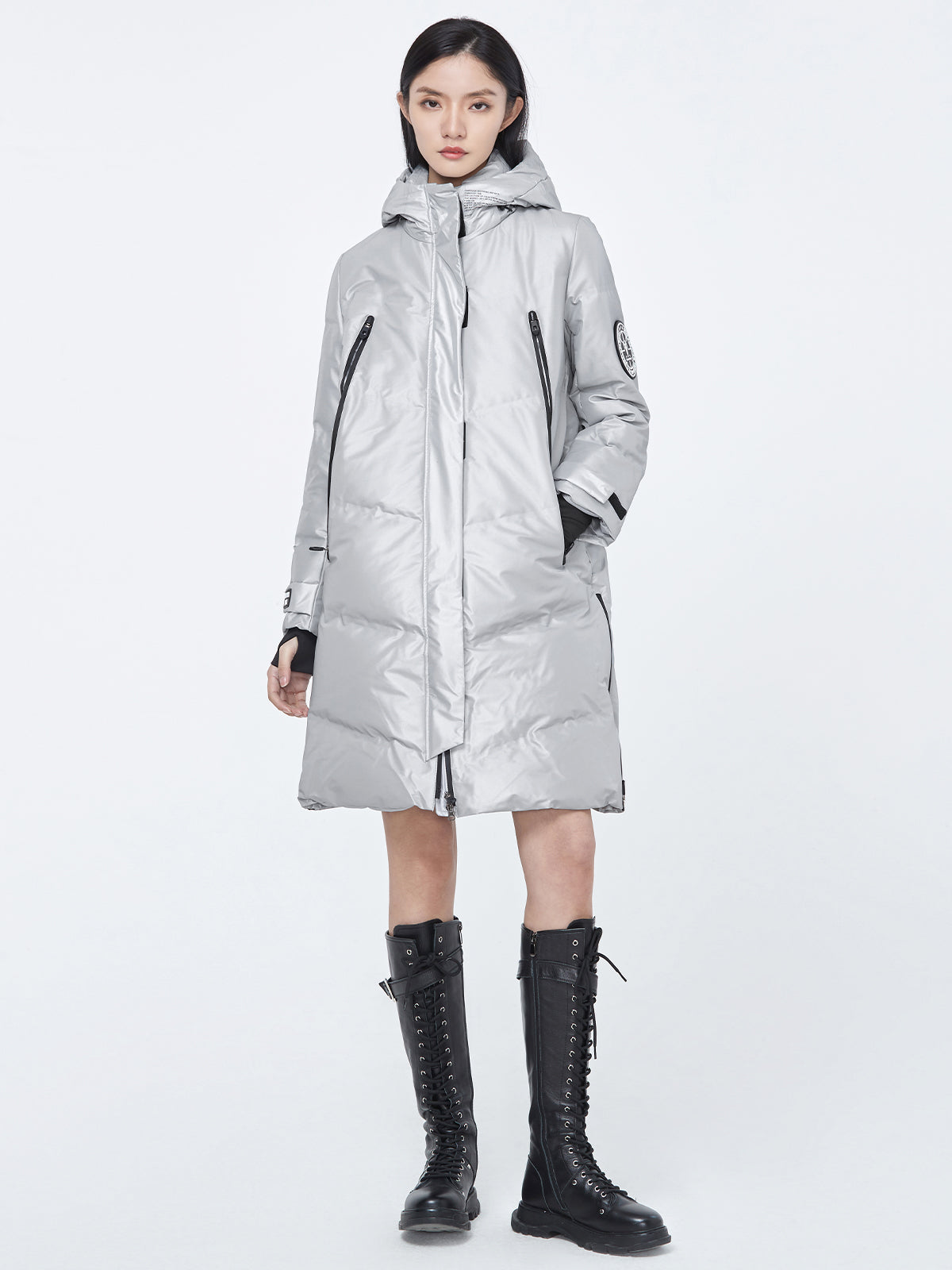 Glossy Zippered Details Hooded Down Coat