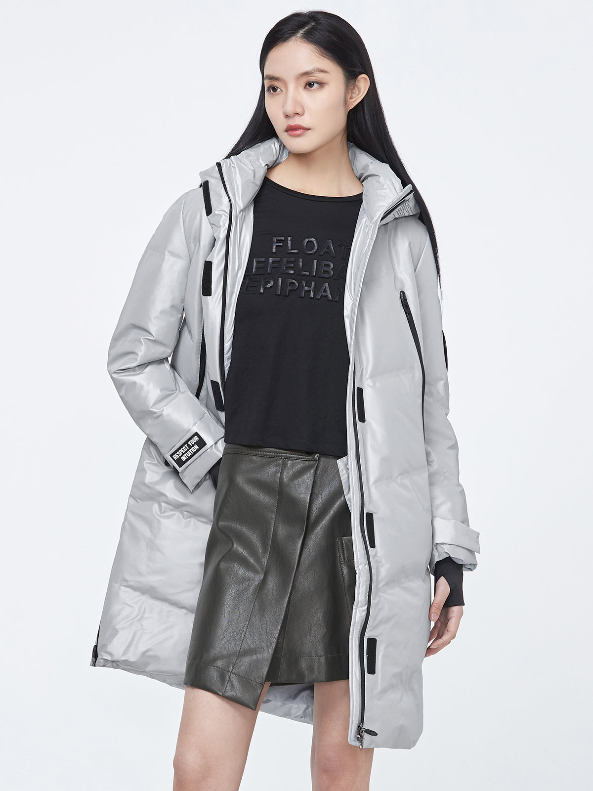 Glossy Zippered Details Hooded Down Coat