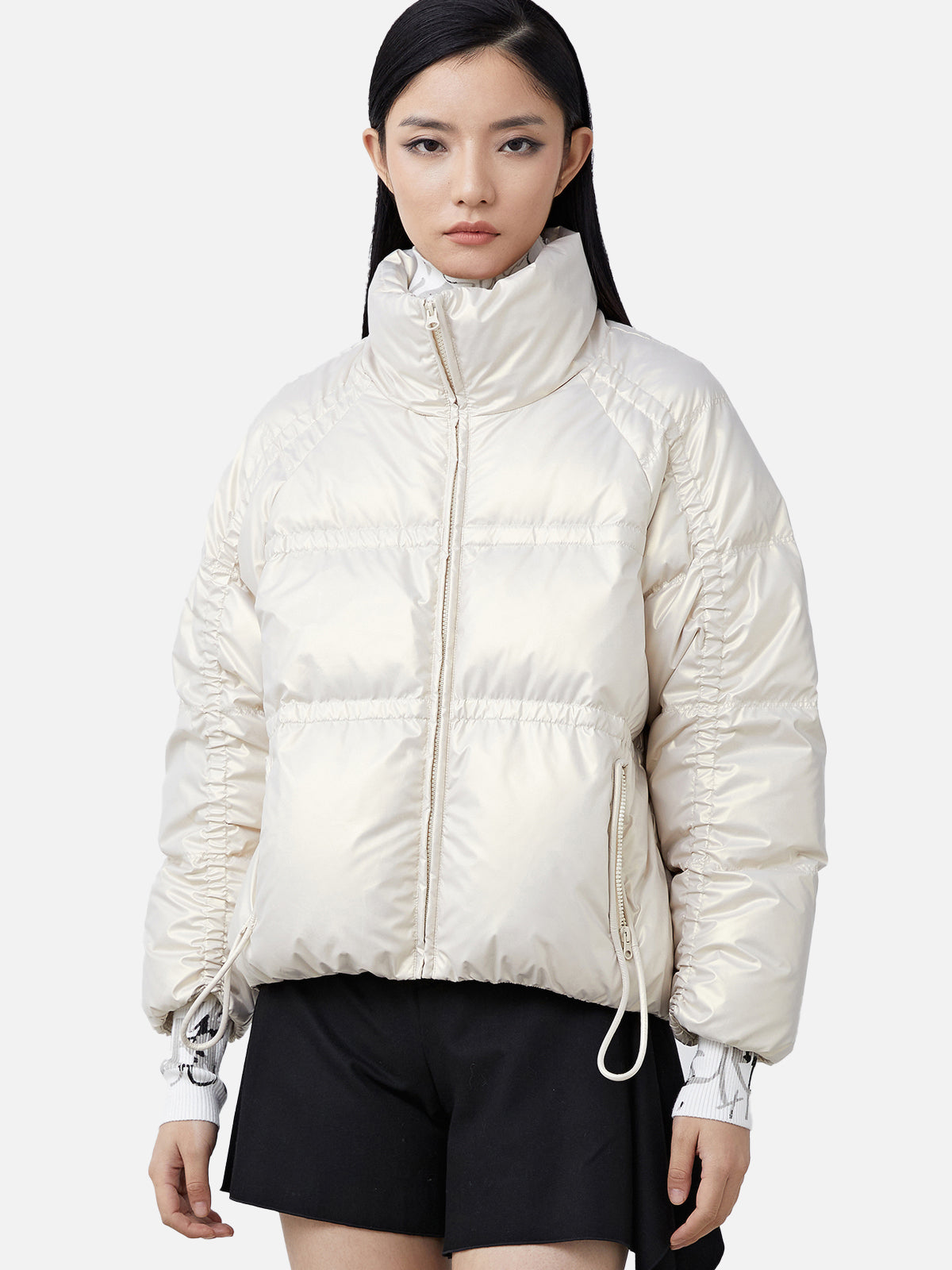 High Neck Drawstring Ribbon Loose Irregular Short Down Jacket