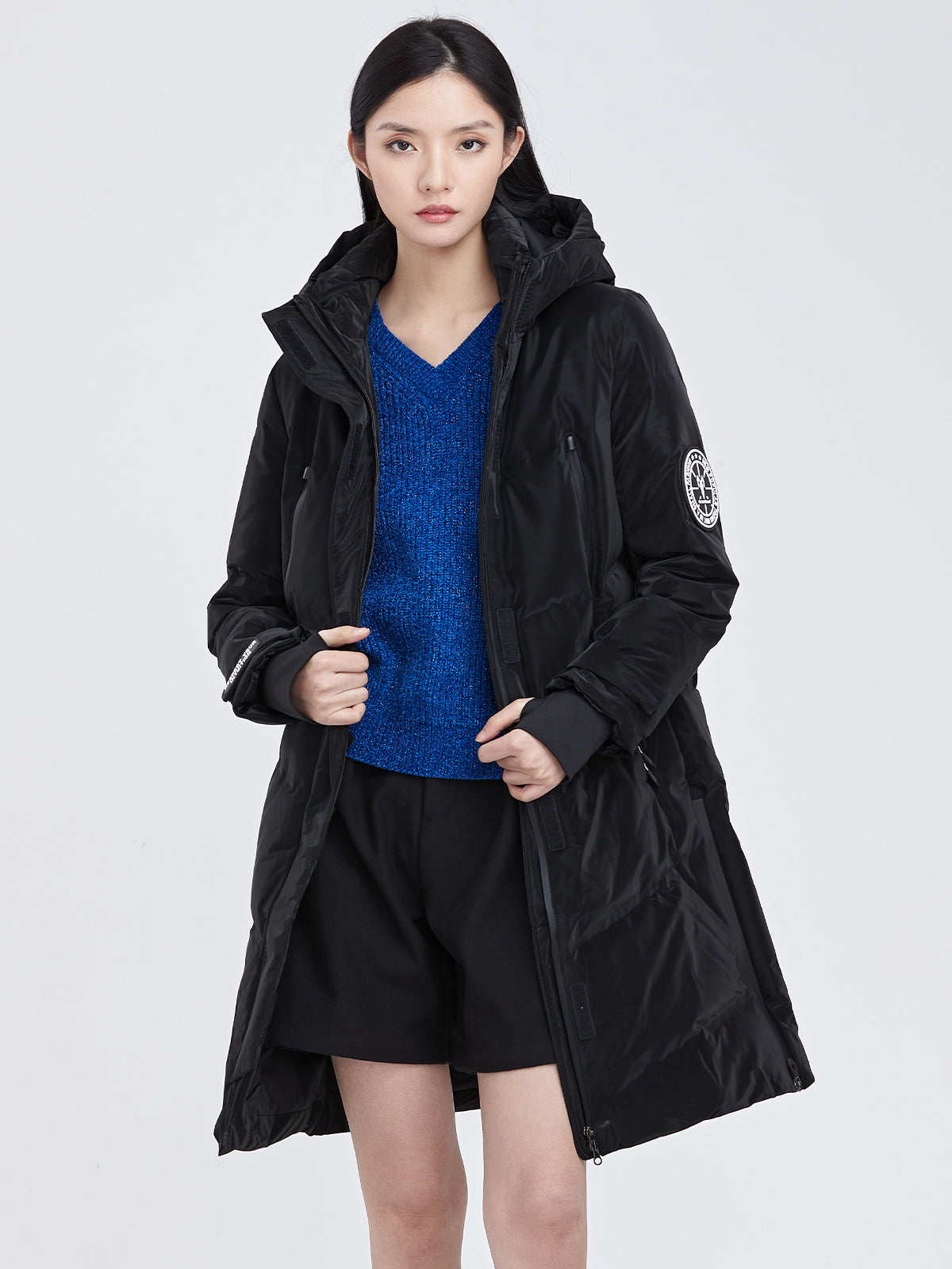 Glossy Zippered Details Hooded Down Coat