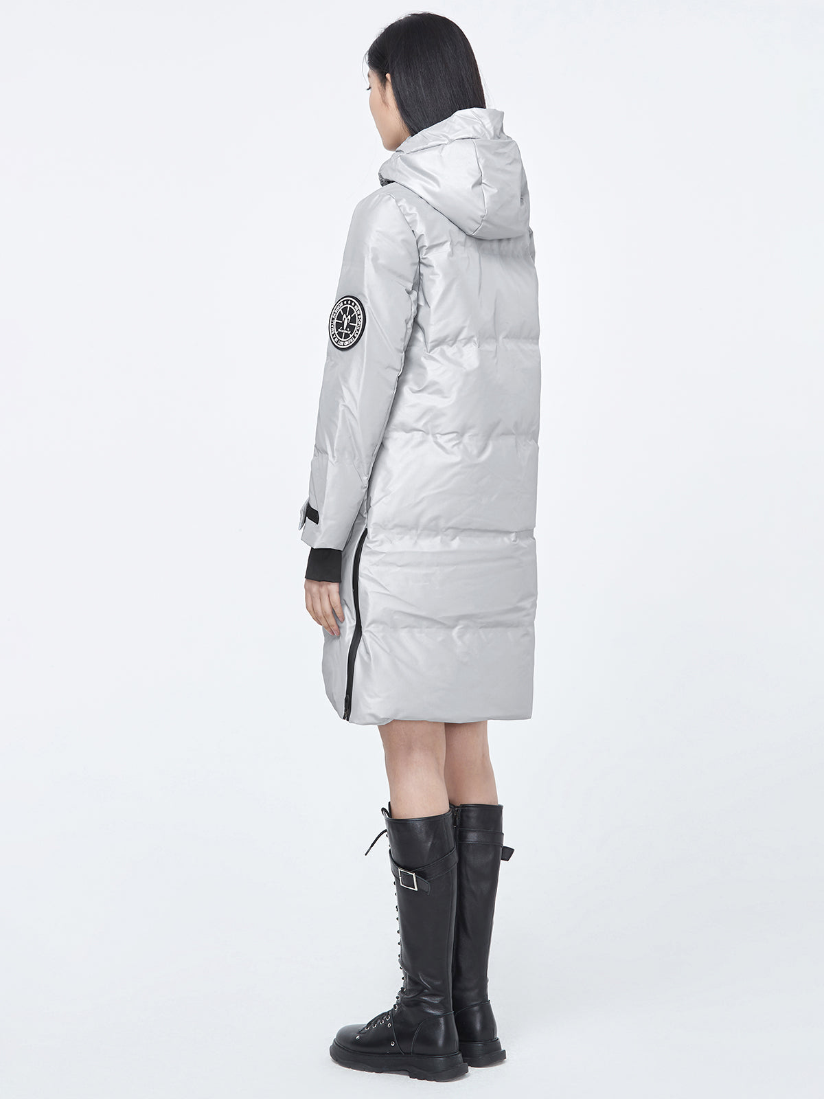 Glossy Zippered Details Hooded Down Coat