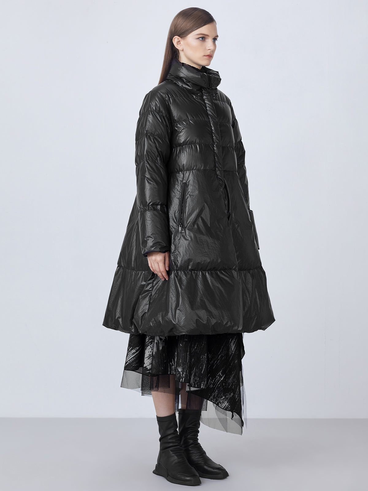 Loose A-Line Black Long Down Jacket