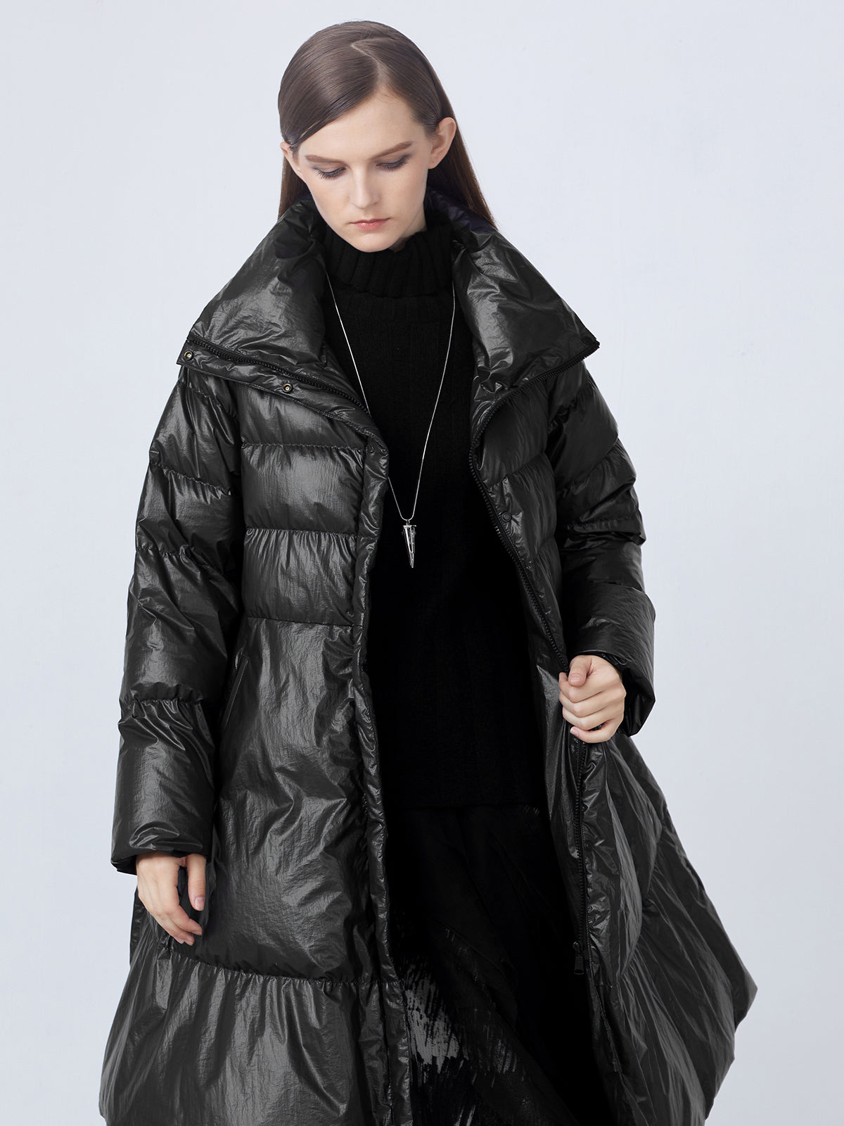 Loose A-Line Black Long Down Jacket