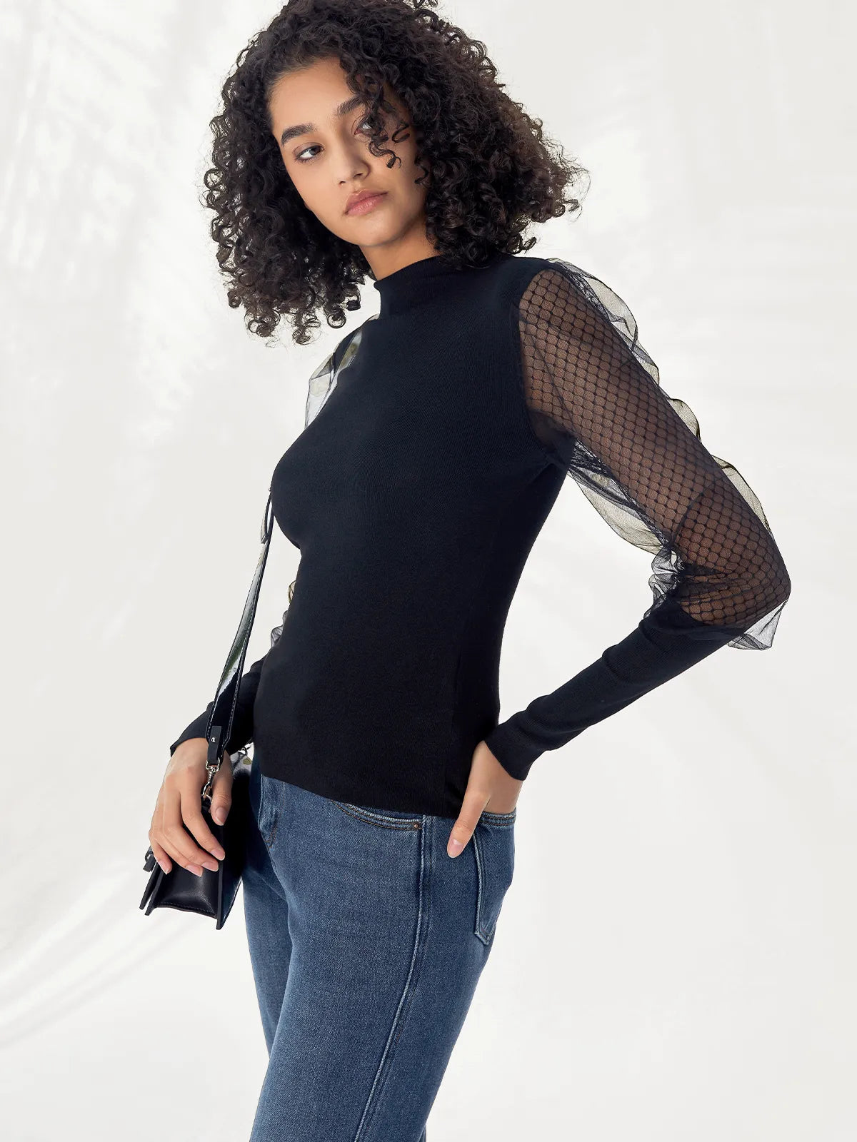 Mock Neck Mesh Sleeve Slim Knit Top