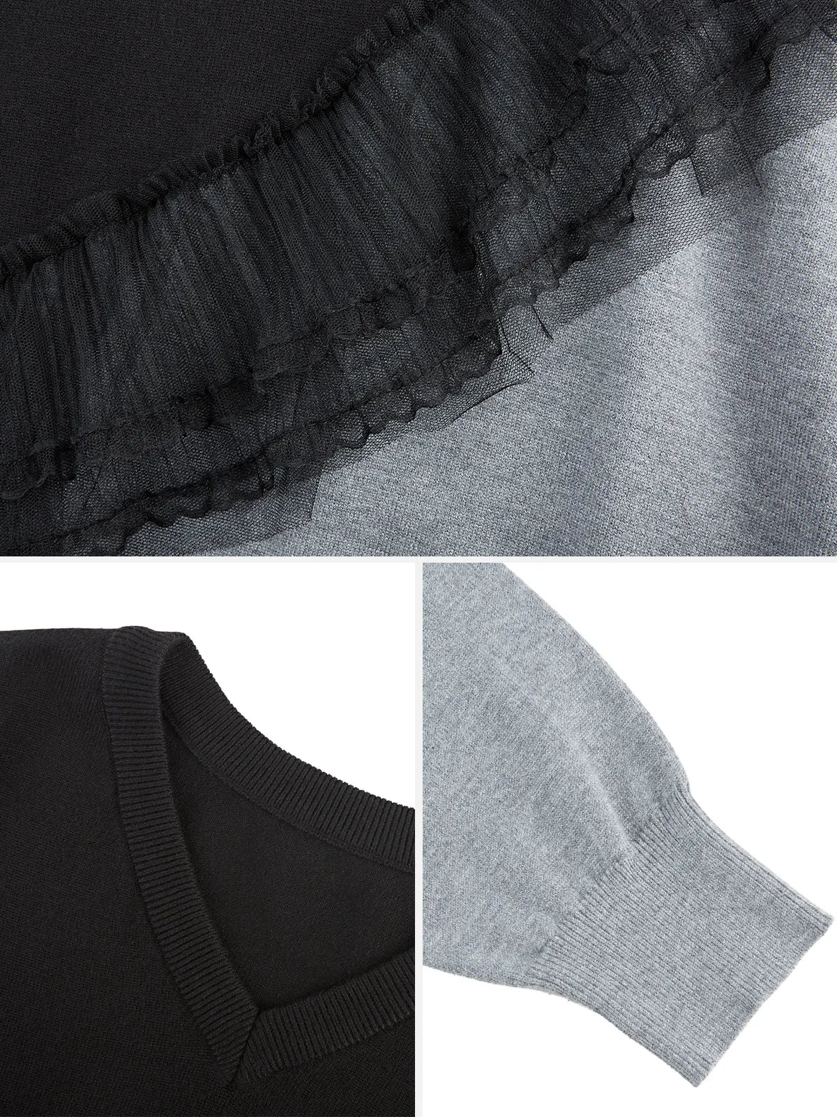  Timeless Fashion: Black and Gray Color-Blocked Sweater with Diagonal Cut
