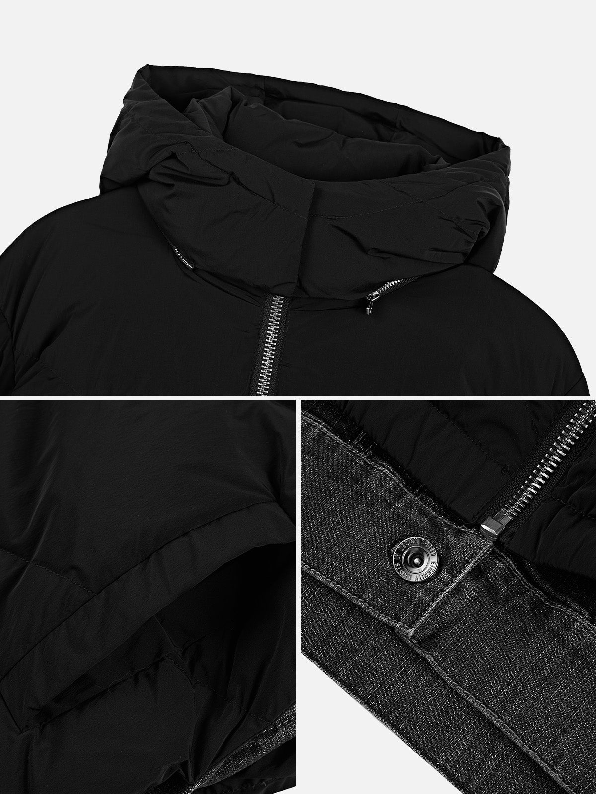 High Neck Hooded Letter Denim Panel Down Jacket