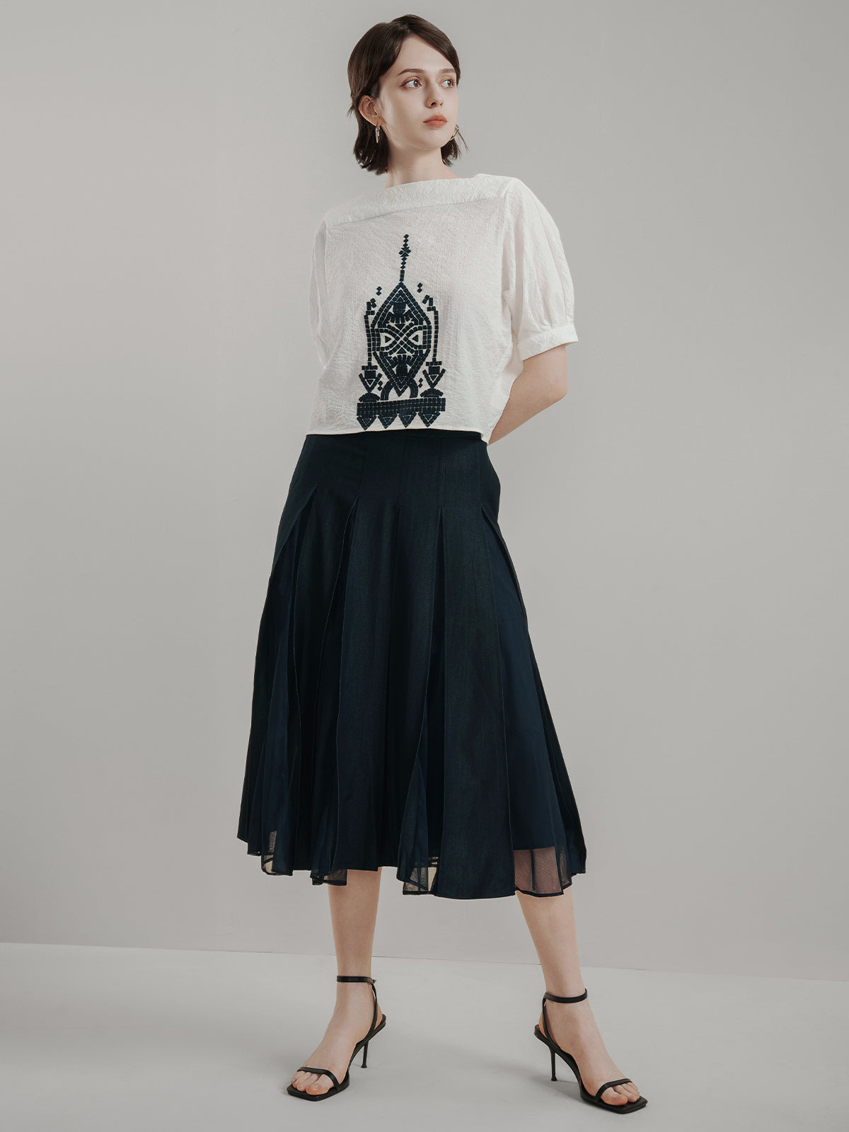 Elegant black pleated midi skirt with sheer mesh inserts, featuring A-line silhouette and structured design, perfect for work or evening outfits