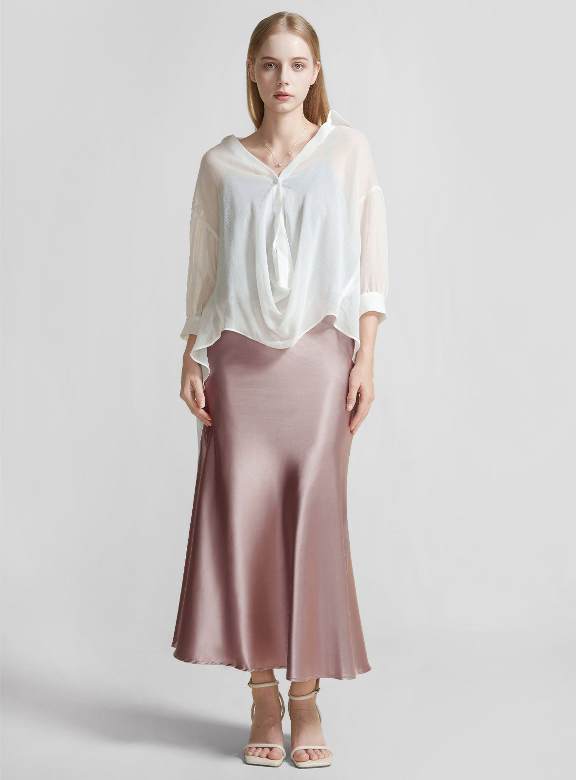 Women's Elegant Minimalist Romantic Date & Work Versatile Solid Satin Maxi Skirt, Apricot Color, Low Waist, Autumn/Winter