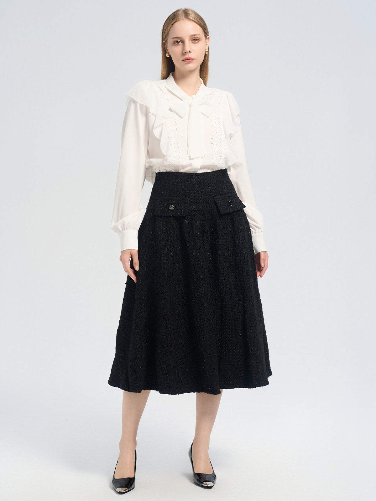 Black Tweed front button detail skirt