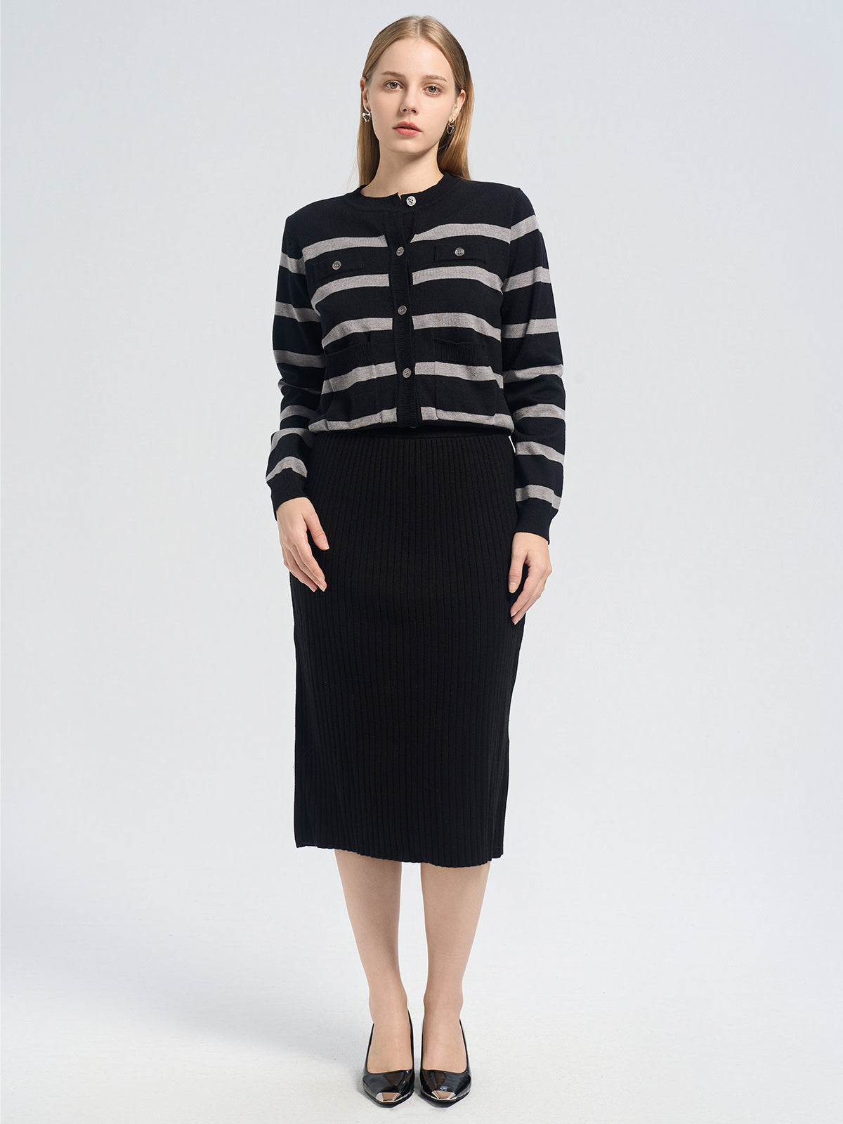 S·DEER solid striped skirt in black, casual and cozy