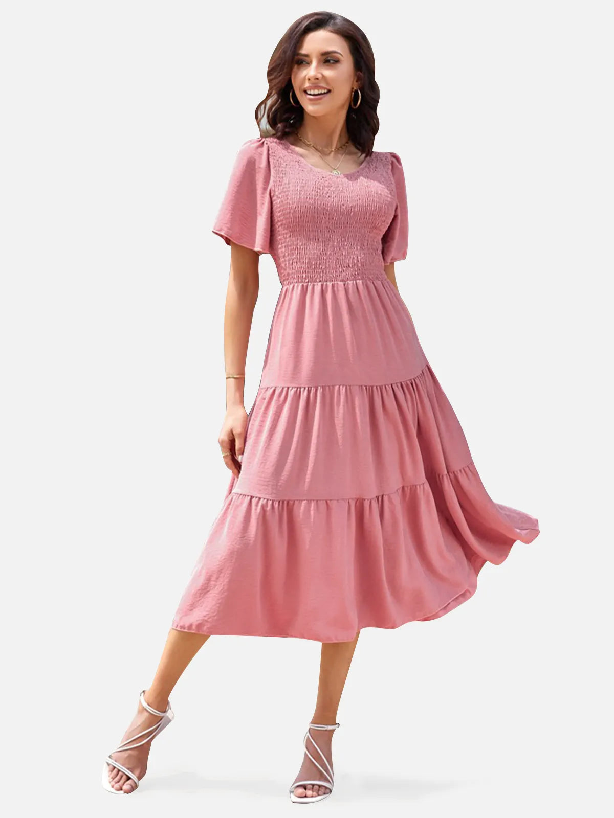 Boat Neck Flouncy Tiered Dress