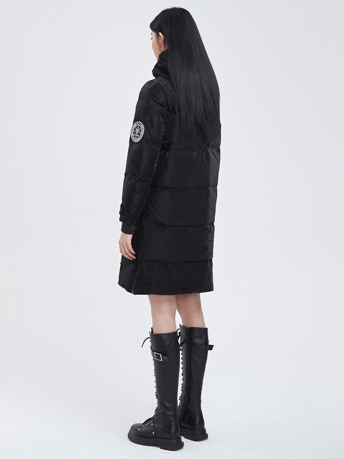 Glossy Zippered Details Hooded Down Coat