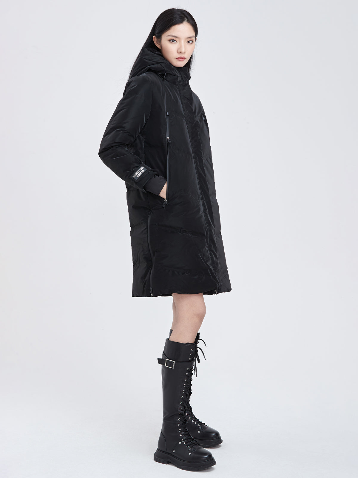 Glossy Zippered Details Hooded Down Coat