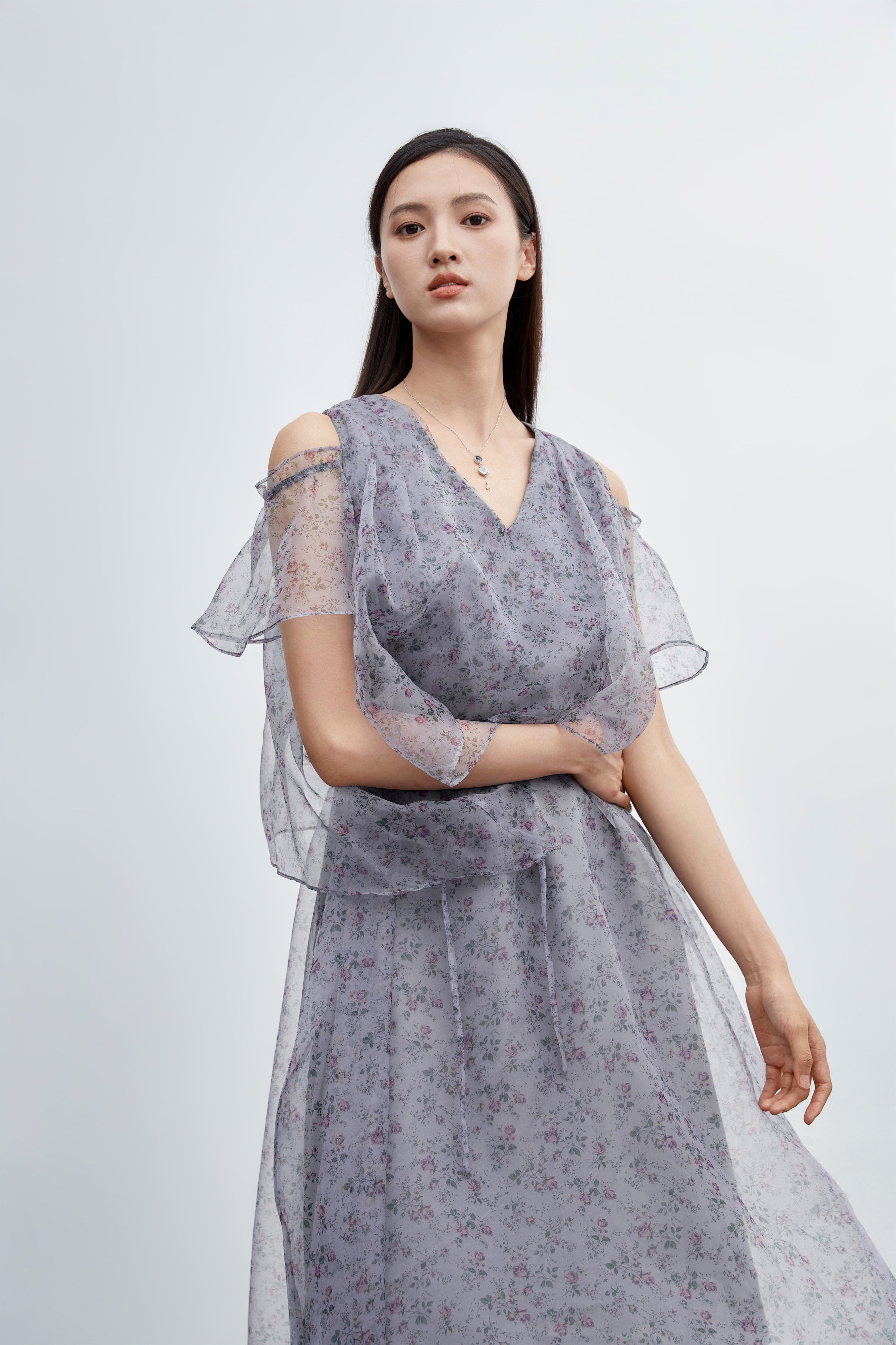 Off-the-shoulder Floral Mesh Short-sleeved Dress