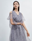 Off-the-shoulder Floral Mesh Short-sleeved Dress