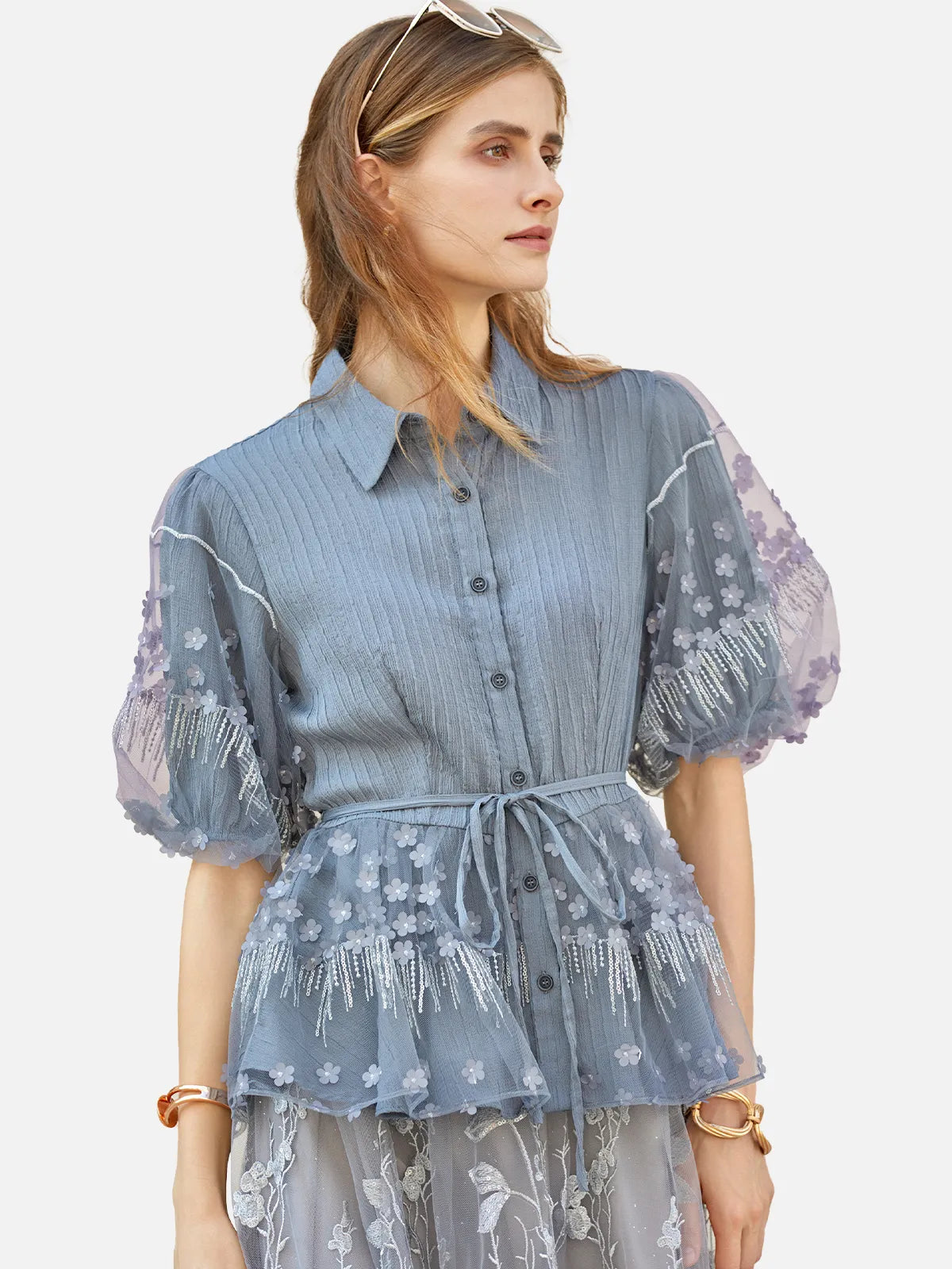 Lapel Tulle Mesh Bubble Sleeve Shirt – S·DEER