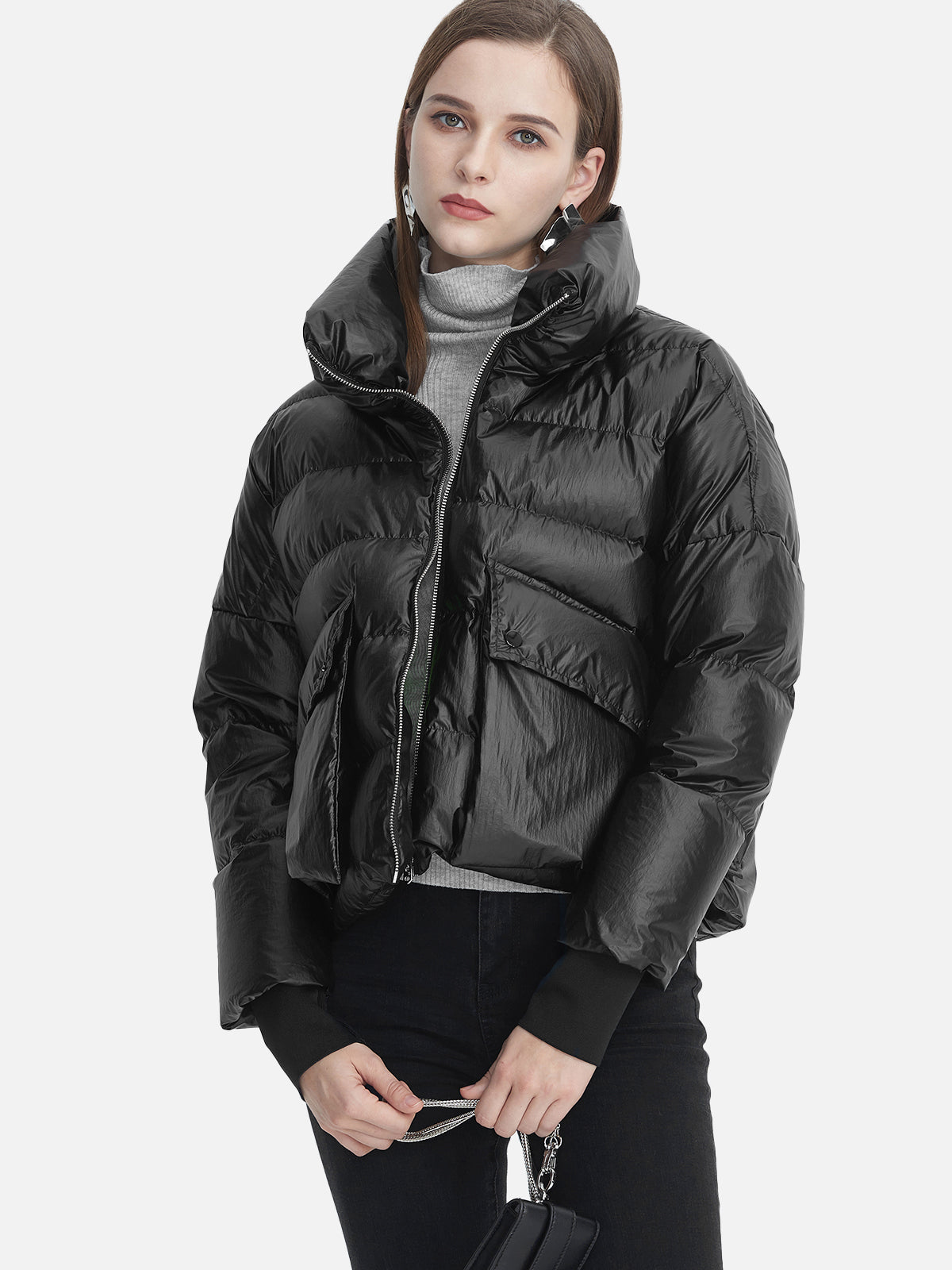 Casual Stand Collar Ribbed Cropped Down Jacket In Black