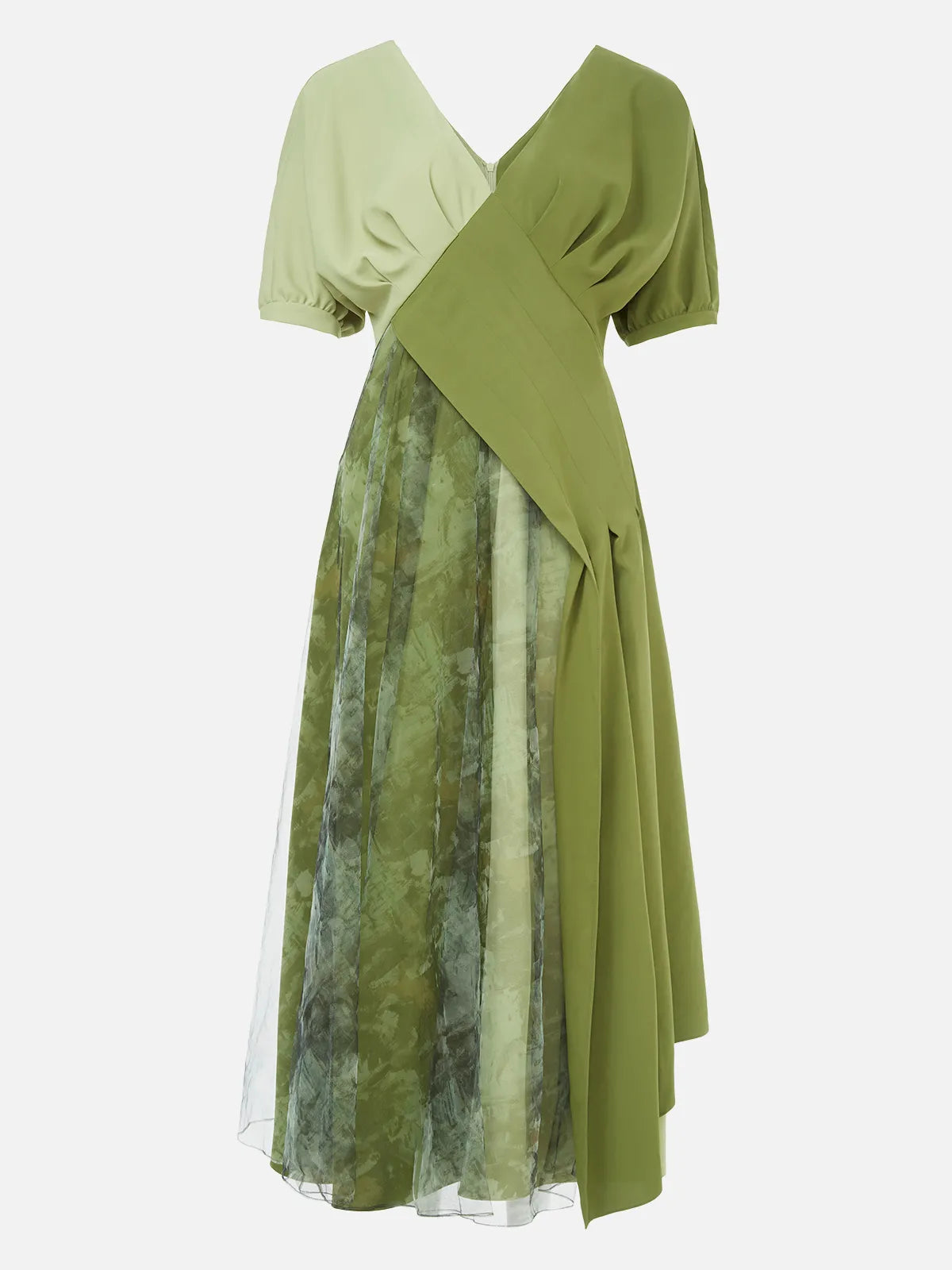 V-neck color block dress with mesh printed hem