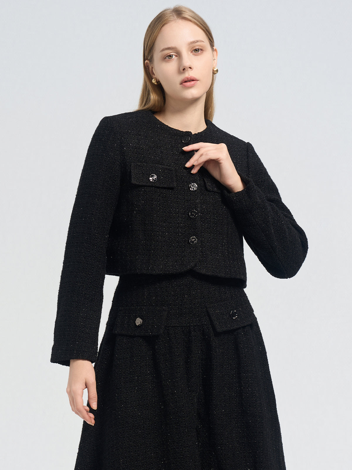 Crop Woolen Blend Tweed Jacket