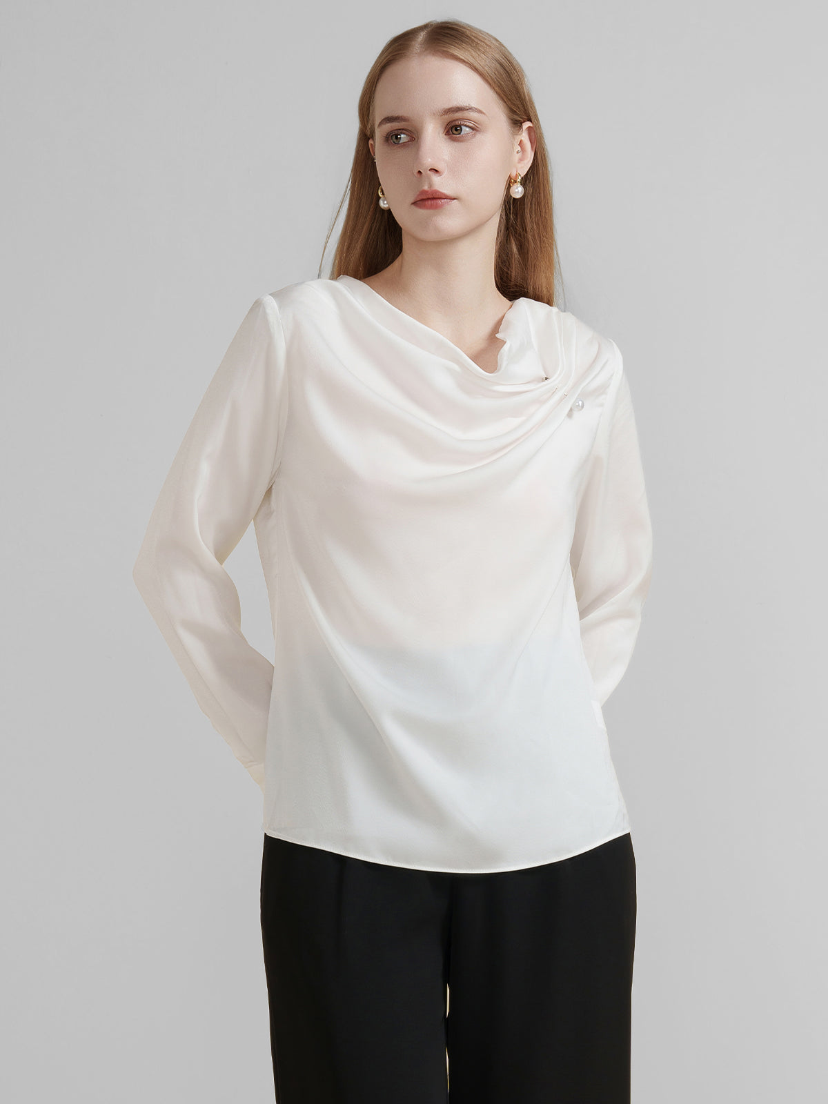 Sophisticated white satin-like top featuring a soft cowl neckline