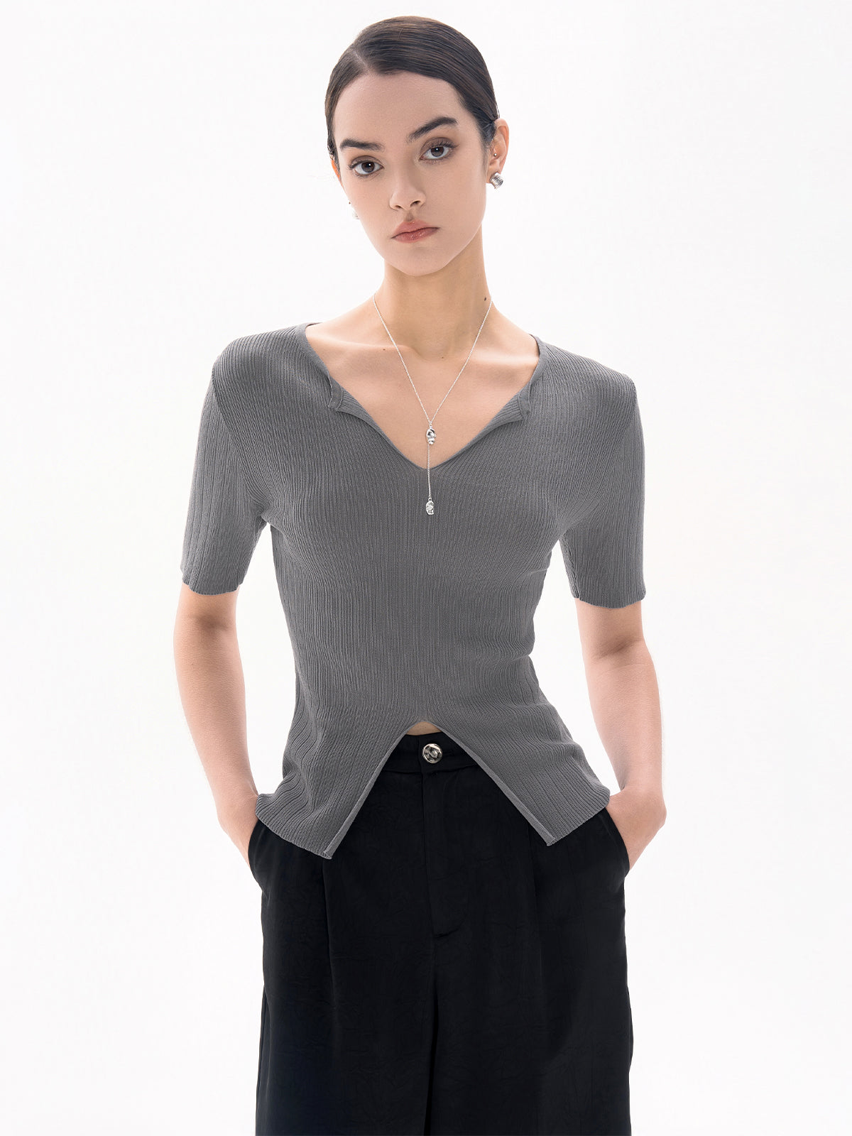 V-Neck Slit Front Knit Top