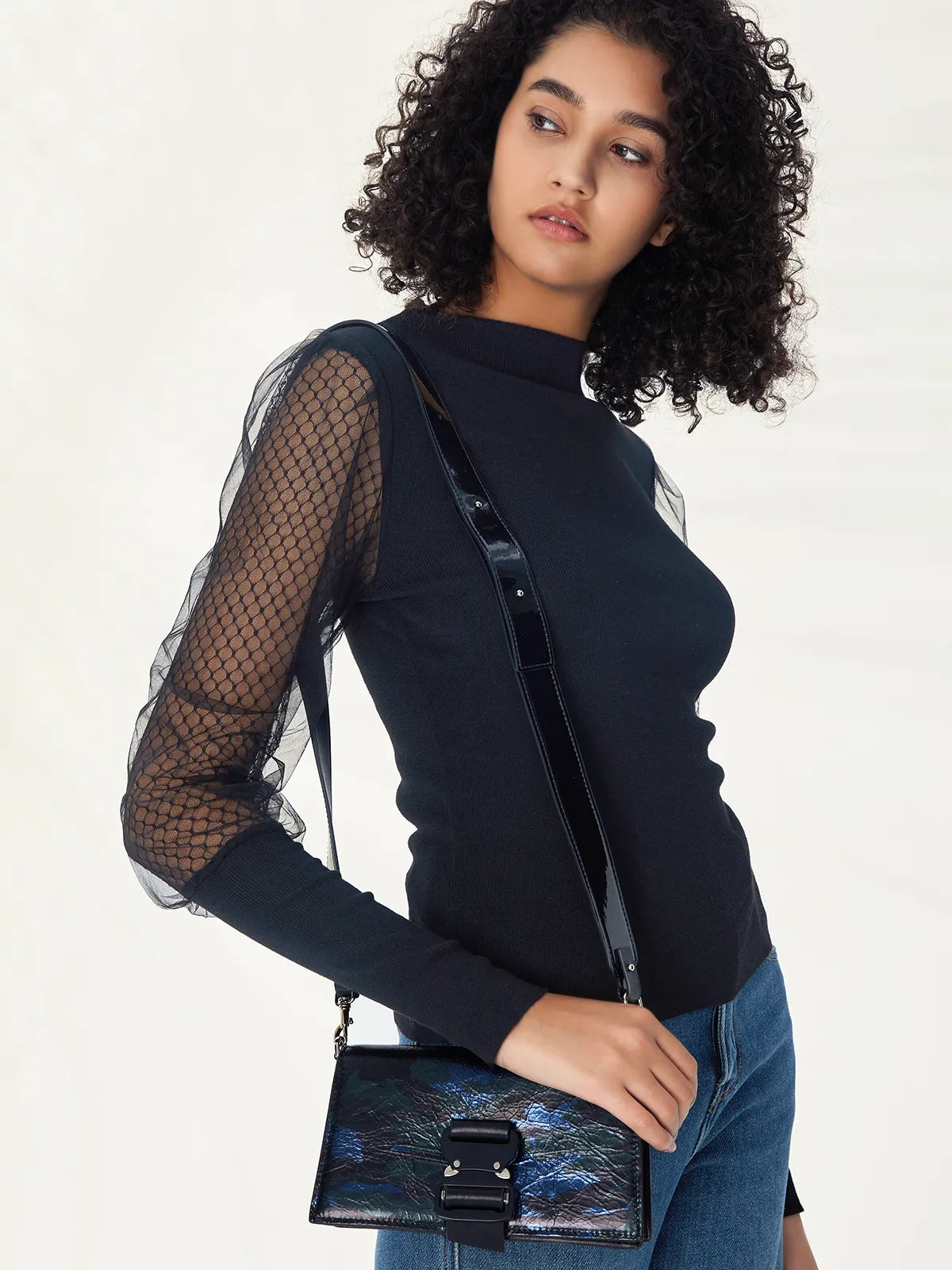 Mock Neck Mesh Sleeve Slim Knit Top