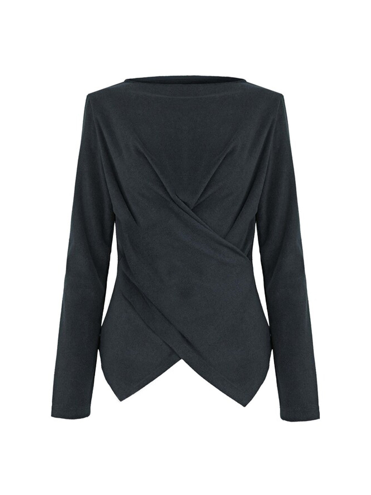 Minimalist cross-front long-sleeve top in black with a sculptural draped effect, adding sophistication to any wardrobe