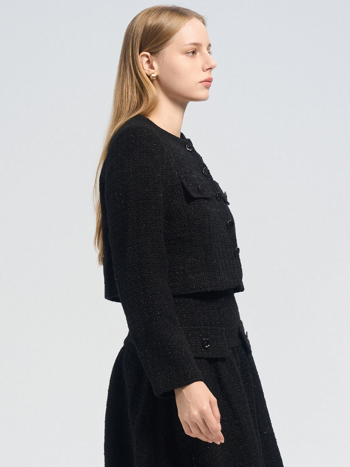 Crop Woolen Blend Tweed Jacket