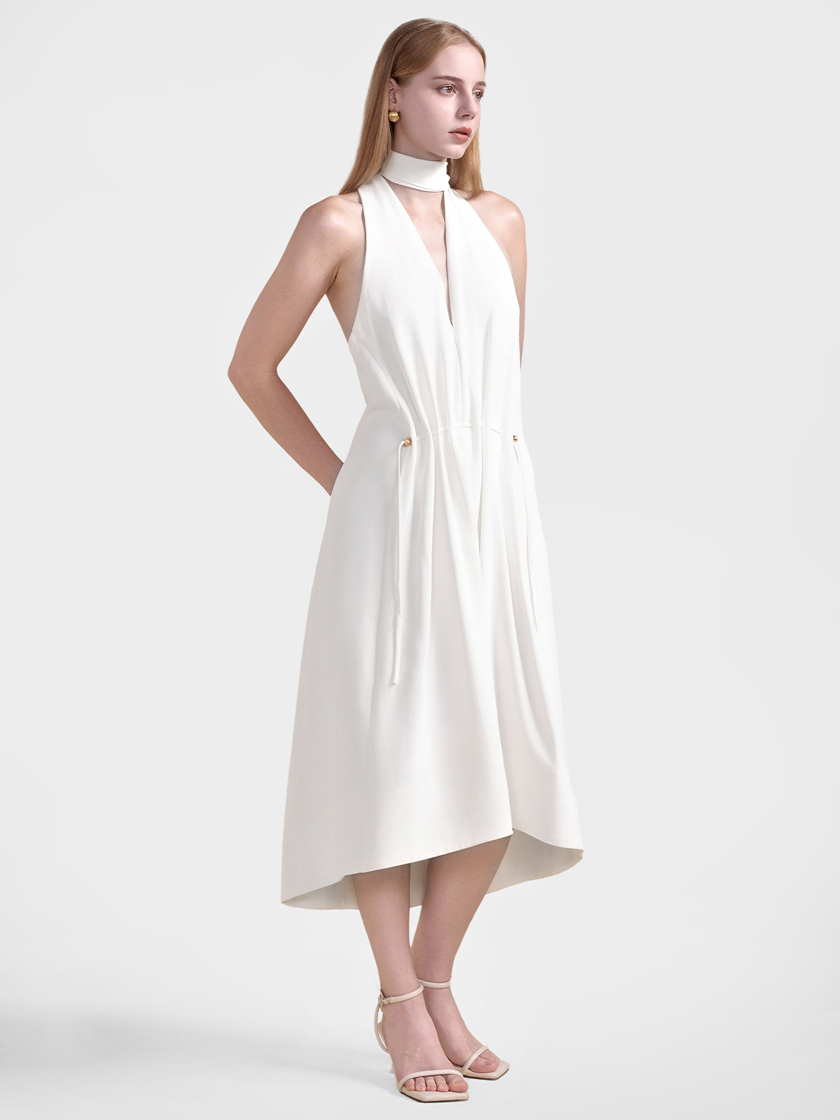 S·DEER white halter neck dress, featuring an asymmetrical hem and stylish fit, perfect for evening events or date nights