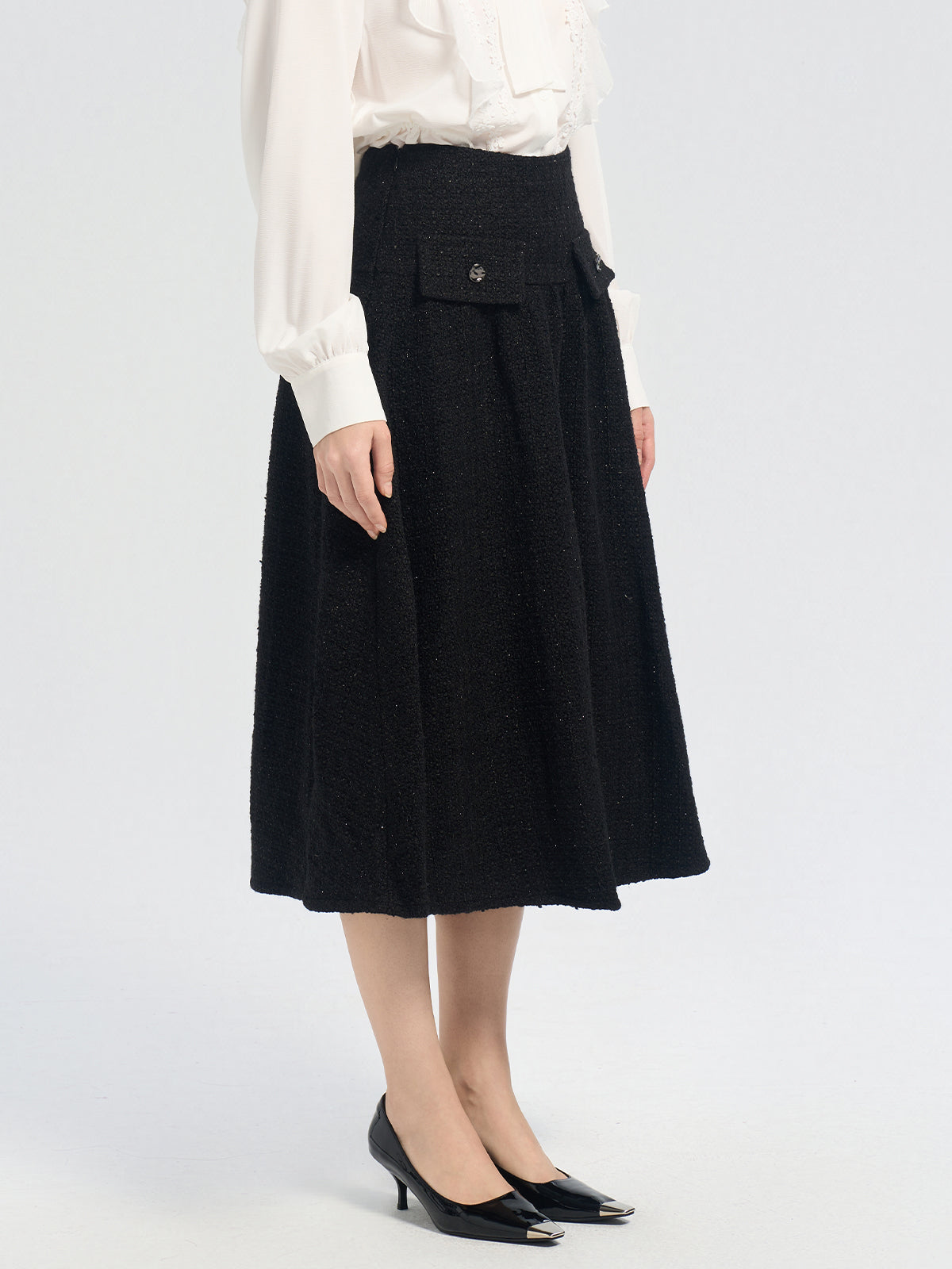 Black Tweed front button detail skirt
