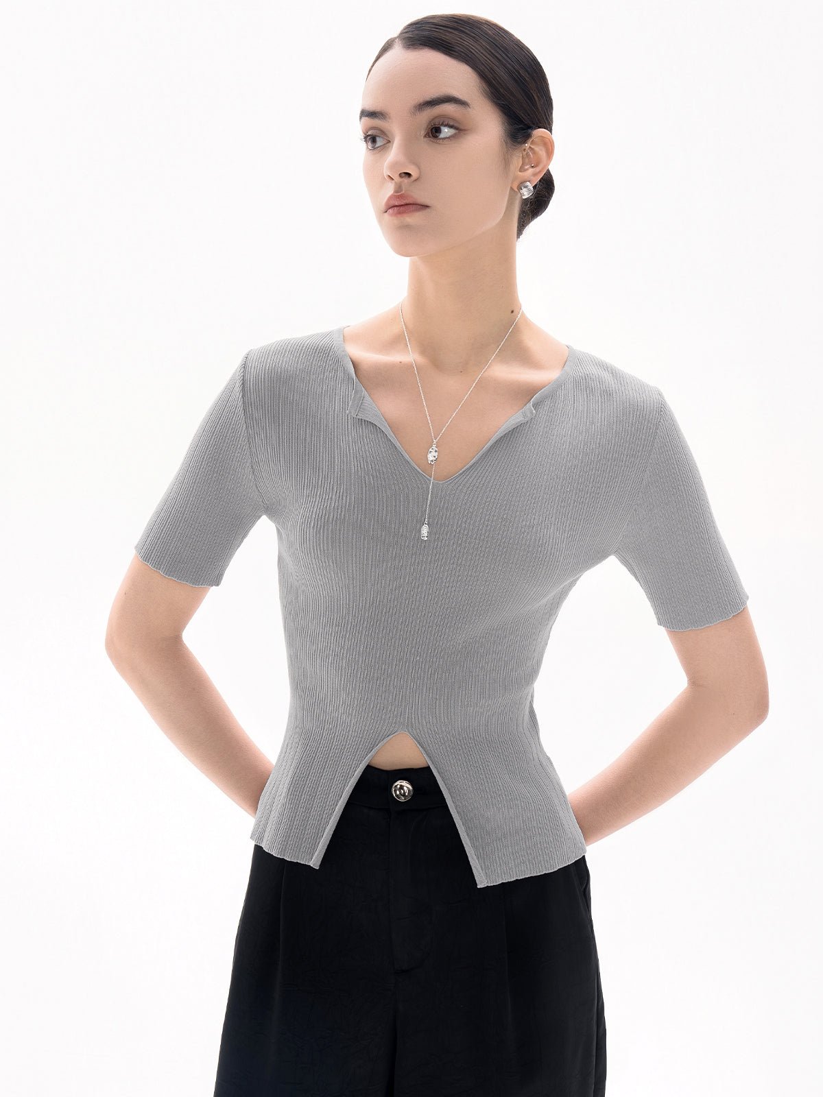 V-Neck Slit Front Knit Top