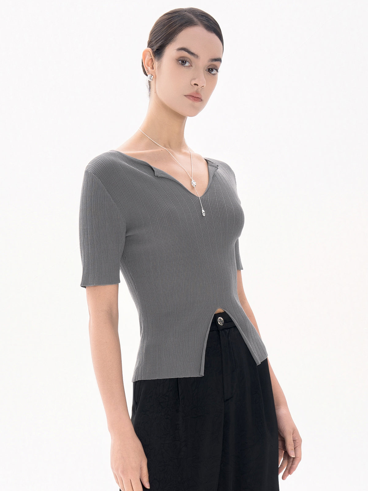 V-Neck Slit Front Knit Top
