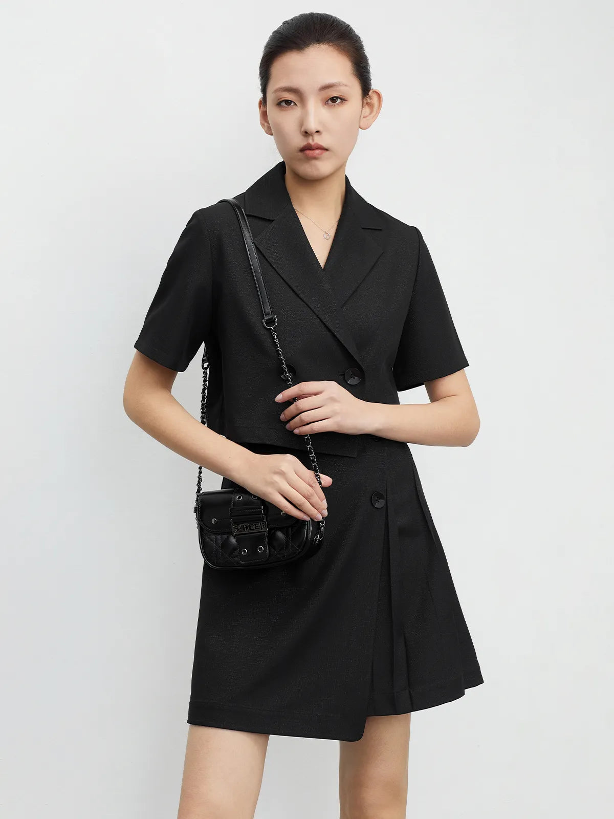 Blazer Collar Pleated Short Skirt Suit