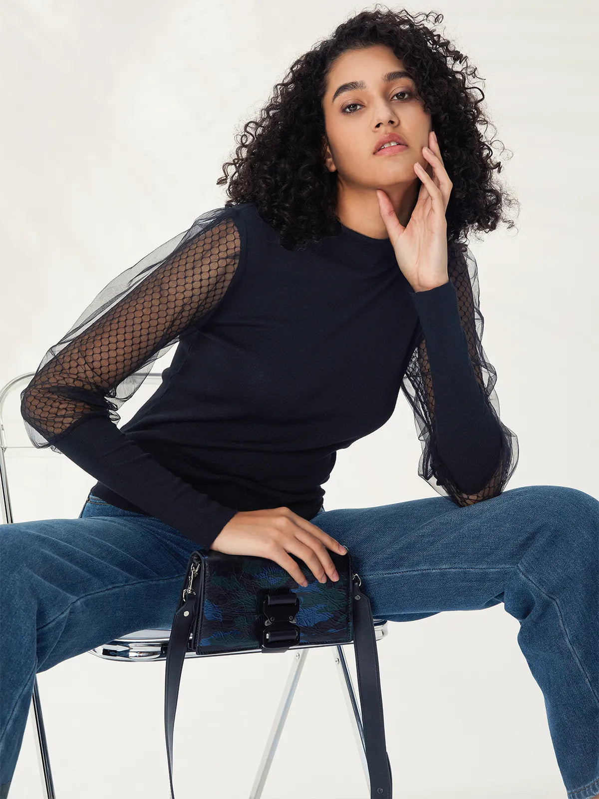 Mock Neck Mesh Sleeve Slim Knit Top