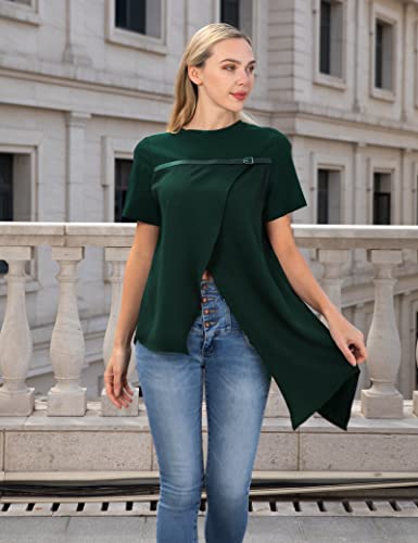 The T-shirt with irregular split and round neck design highlights a trendy and chic style