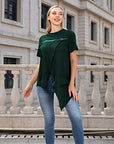 The T-shirt with irregular split and round neck design highlights a trendy and chic style