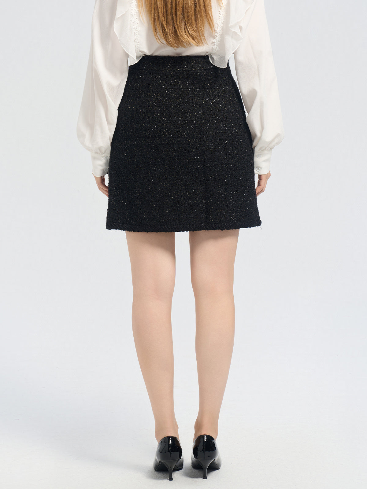 Chanel-inspired bouclé skirt in black, claasic and chic