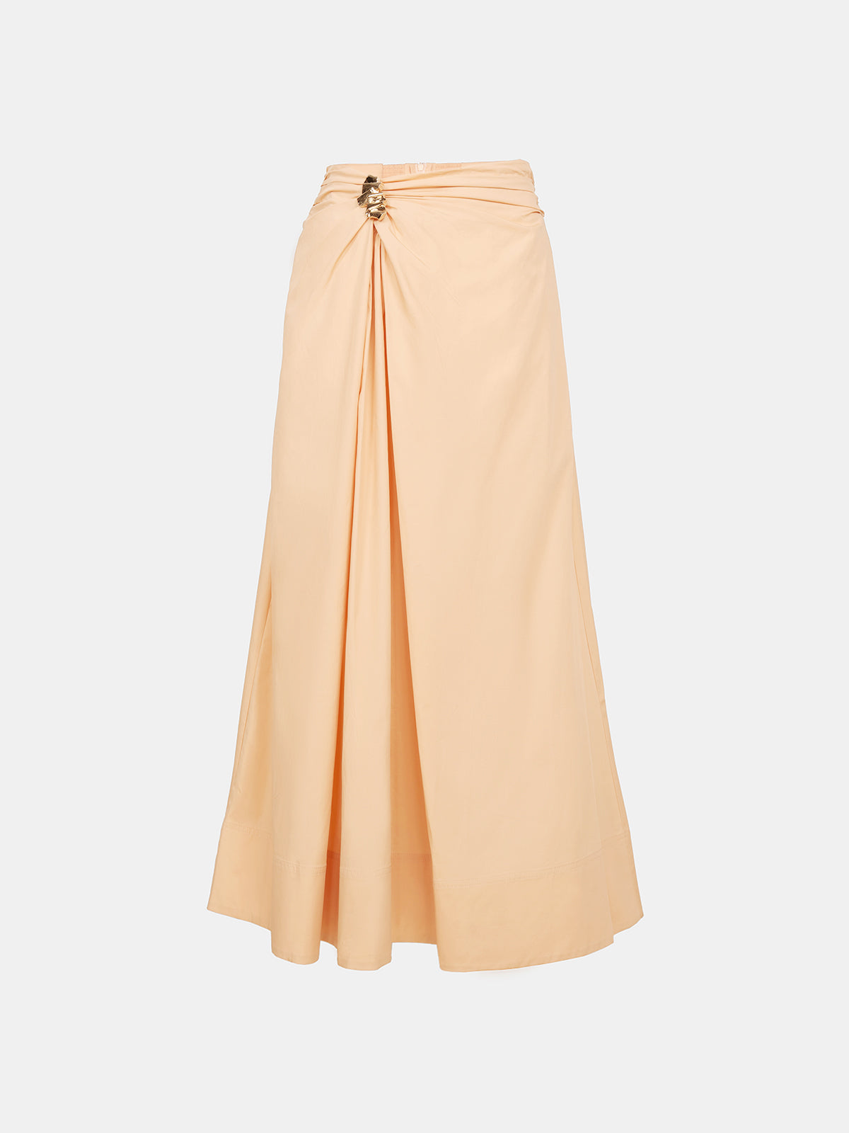 Peach high waist maxi A-line skirt for women with front twist detail, metal buckle accent, perfect for summer vacation outfits