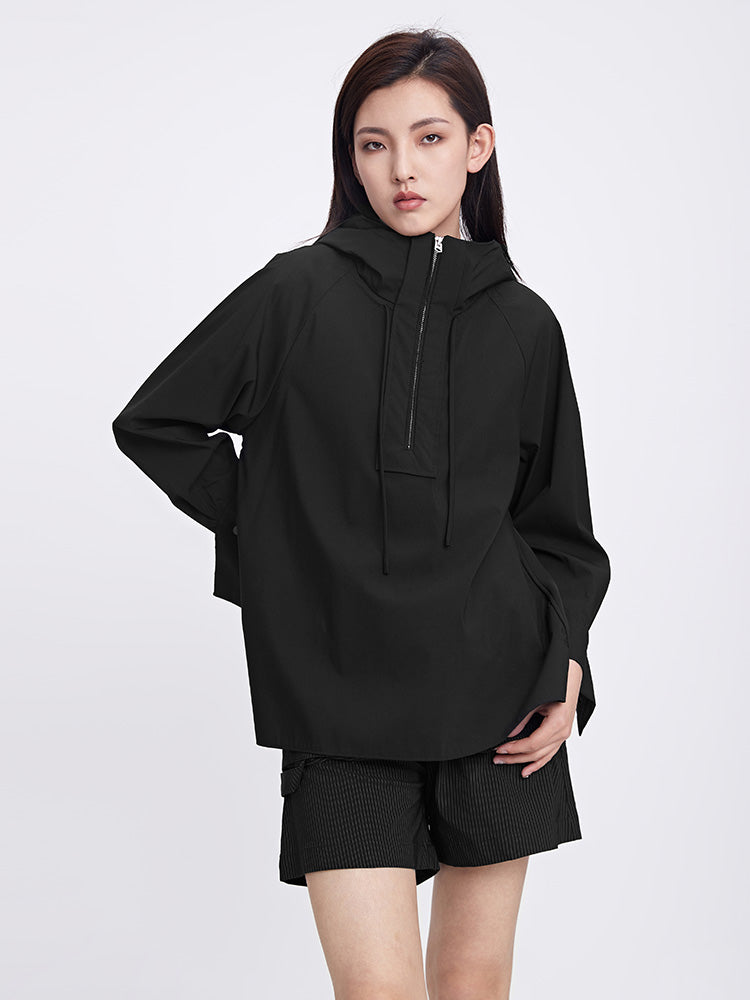 Casual Drawstring High Neck Cap Pleated Stitching Long Sleeve Shirt