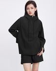 Casual Drawstring High Neck Cap Pleated Stitching Long Sleeve Shirt
