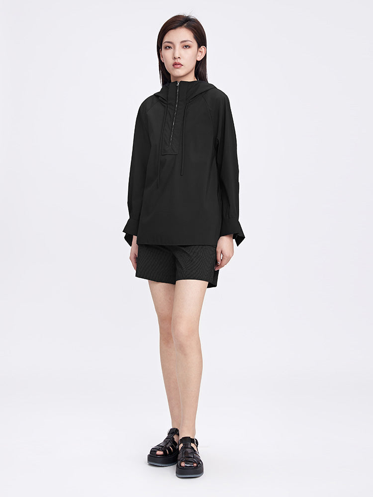 Casual Drawstring High Neck Cap Pleated Stitching Long Sleeve Shirt