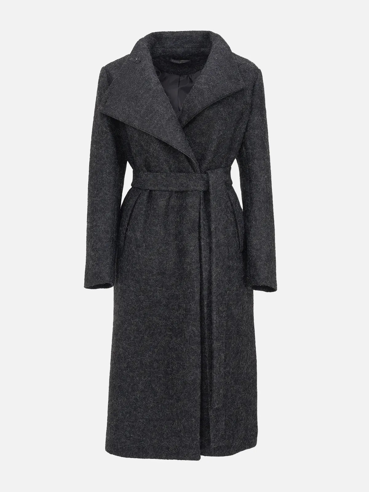 Elegant charcoal black wool coat with lapel collar