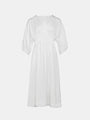 S·DEER white puff sleeve midi dress, featuring a soft and breathable fabric, ideal for warm-weather occasions like picnics or casual lunches