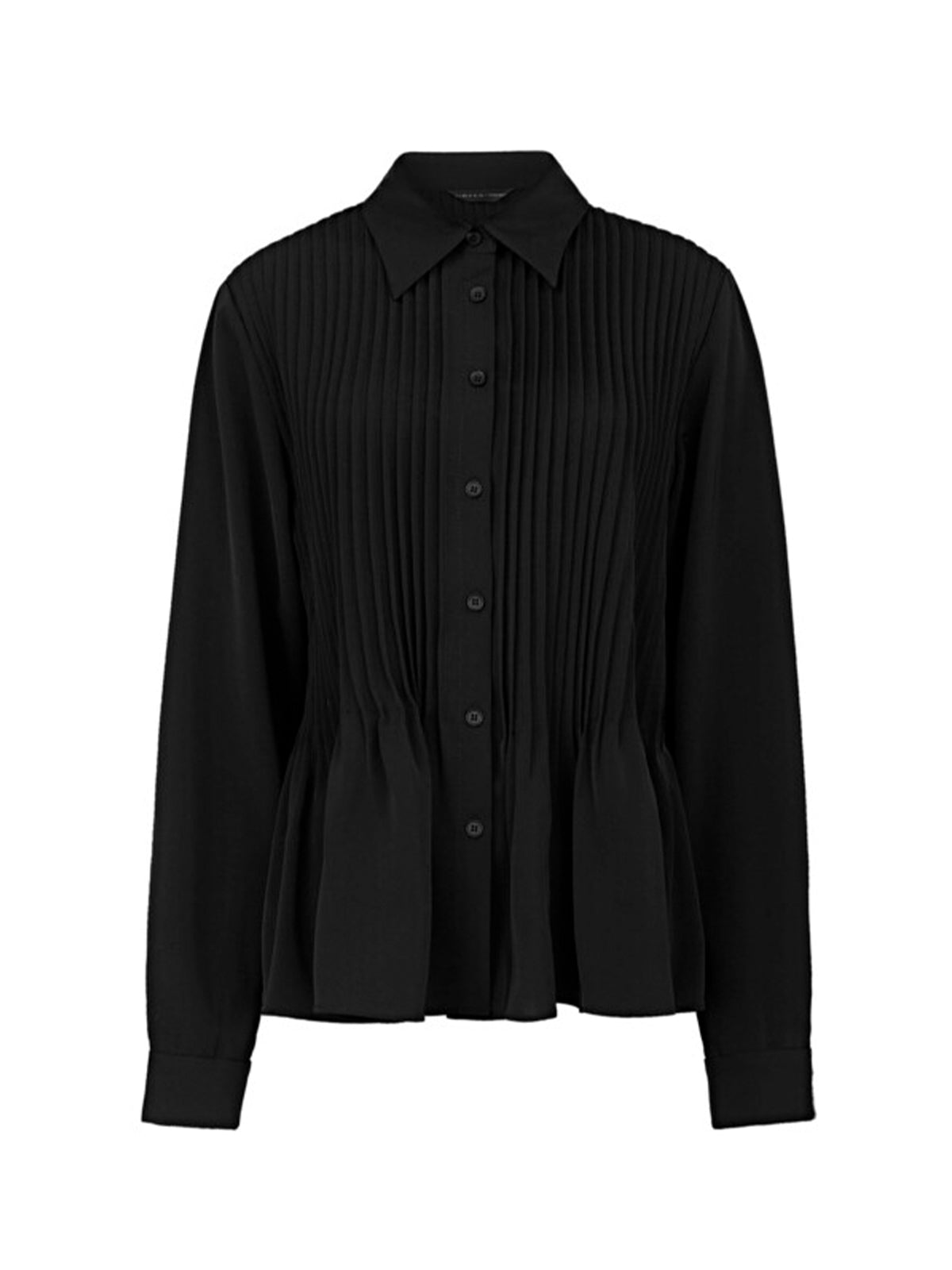 Women's black pleated blouse with long sleeves and a button-up front, featuring a peplum hem for an elegant touch