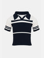 Navy and white striped short-sleeve knit top with a stylish collar