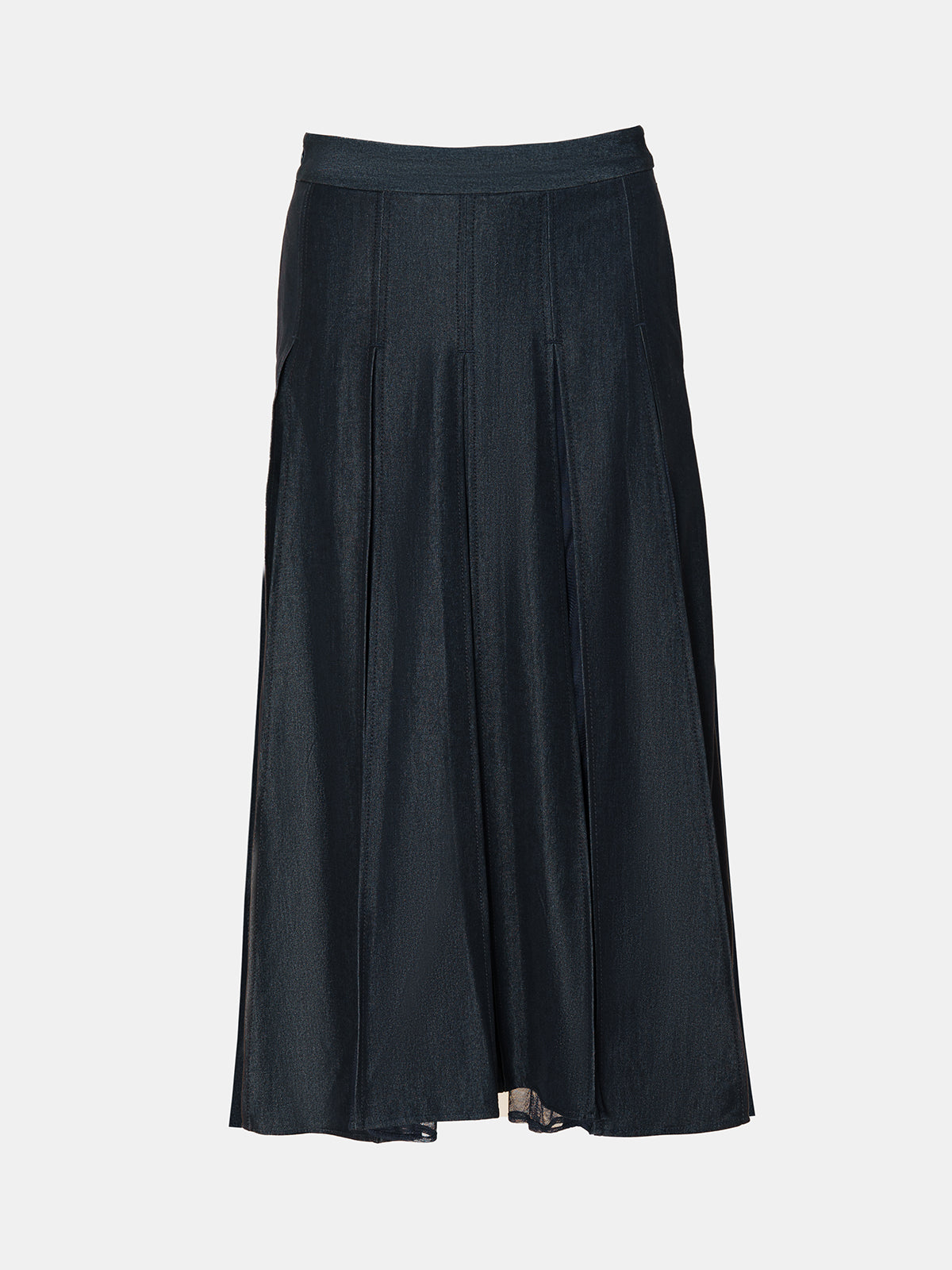 Elegant black pleated midi skirt with sheer mesh inserts, featuring A-line silhouette and structured design, perfect for work or evening outfits