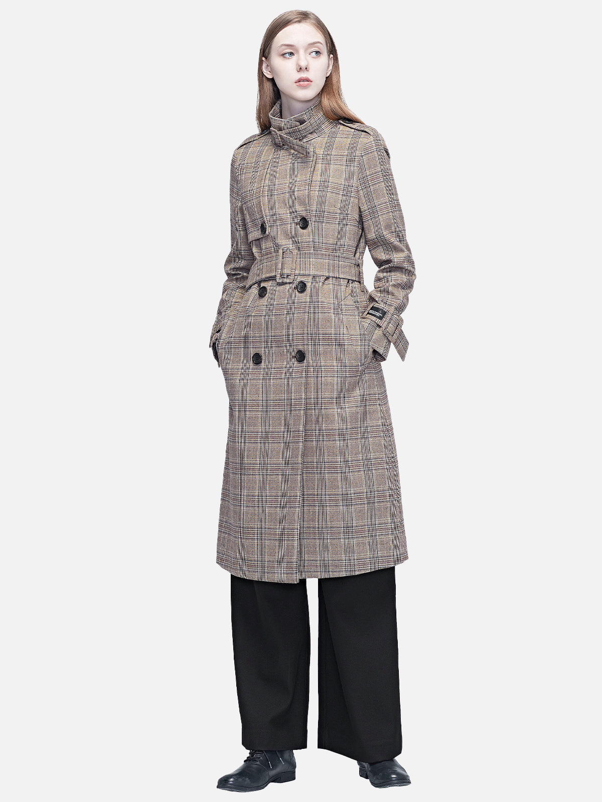 Stylish Plaid Stitching Waist Long Jacket