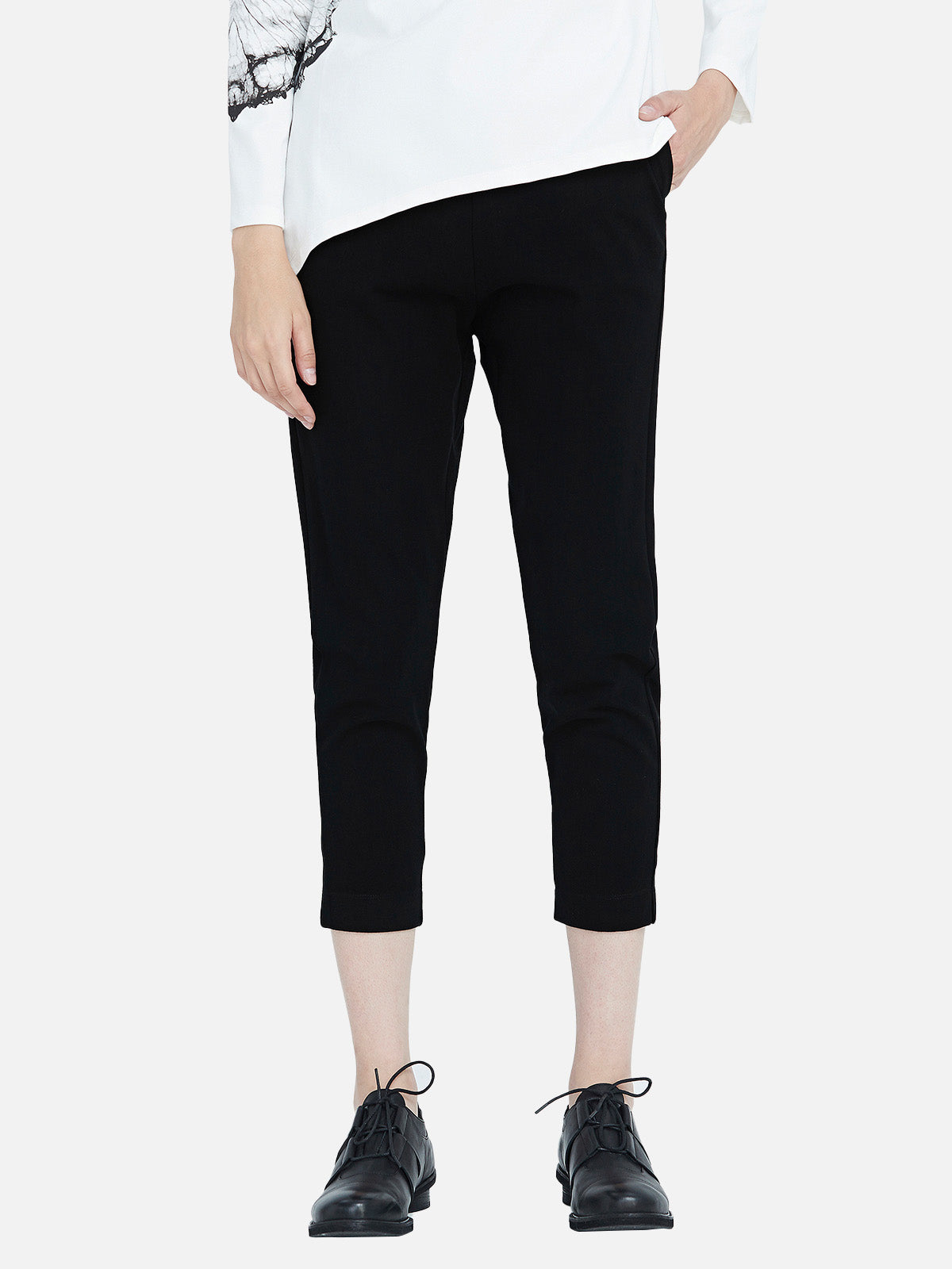 Casual Elastic Side Pocket Pure Black Cropped Pants