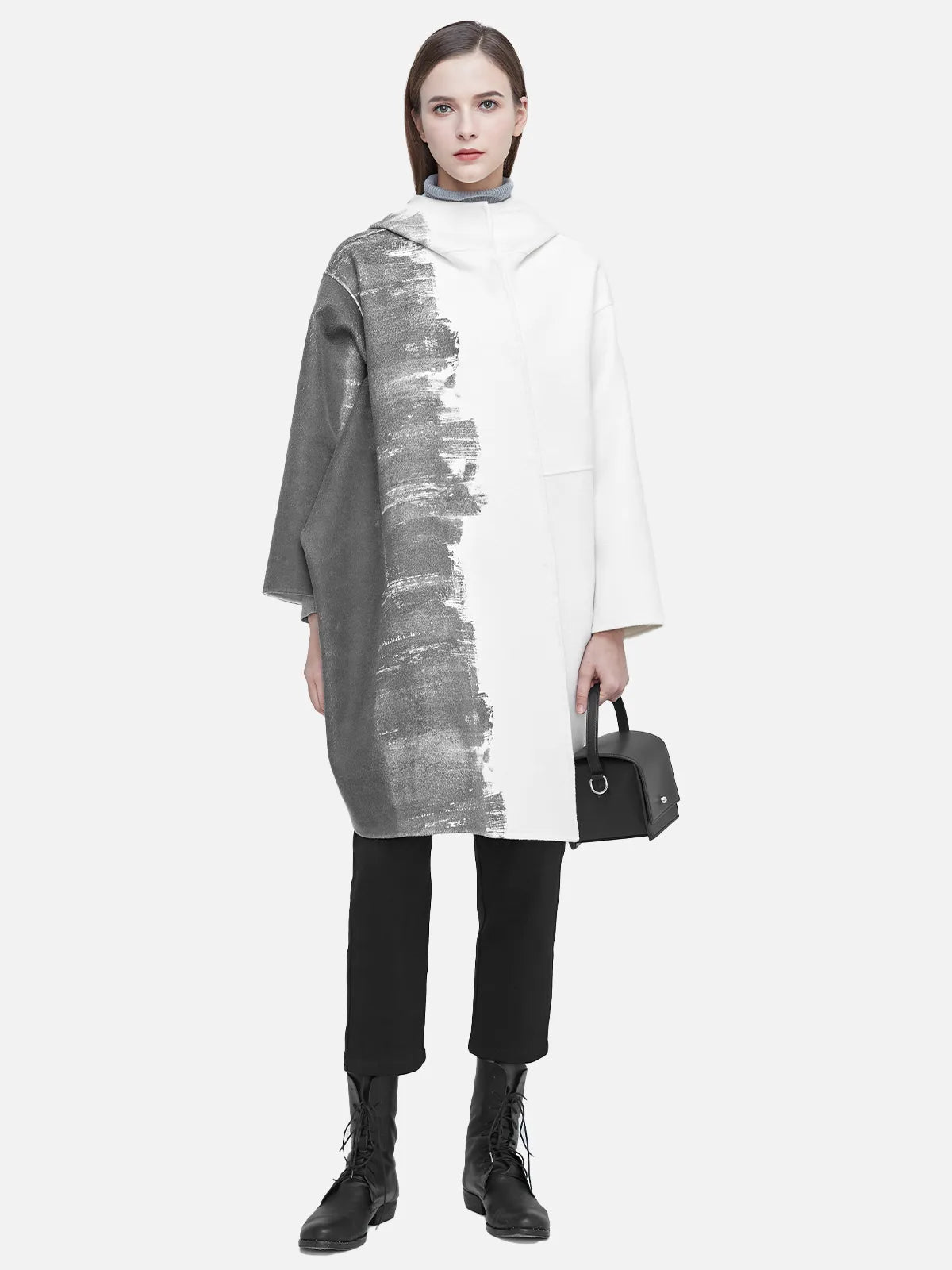 Hooded Ink-Print Loose Woolen Coat